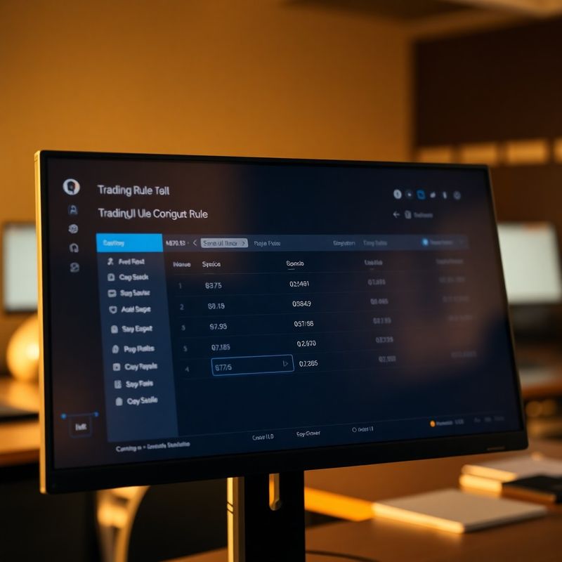 Minimal-UI trading rule configuration screen with azure accents on a laptop in a Kakamega office
