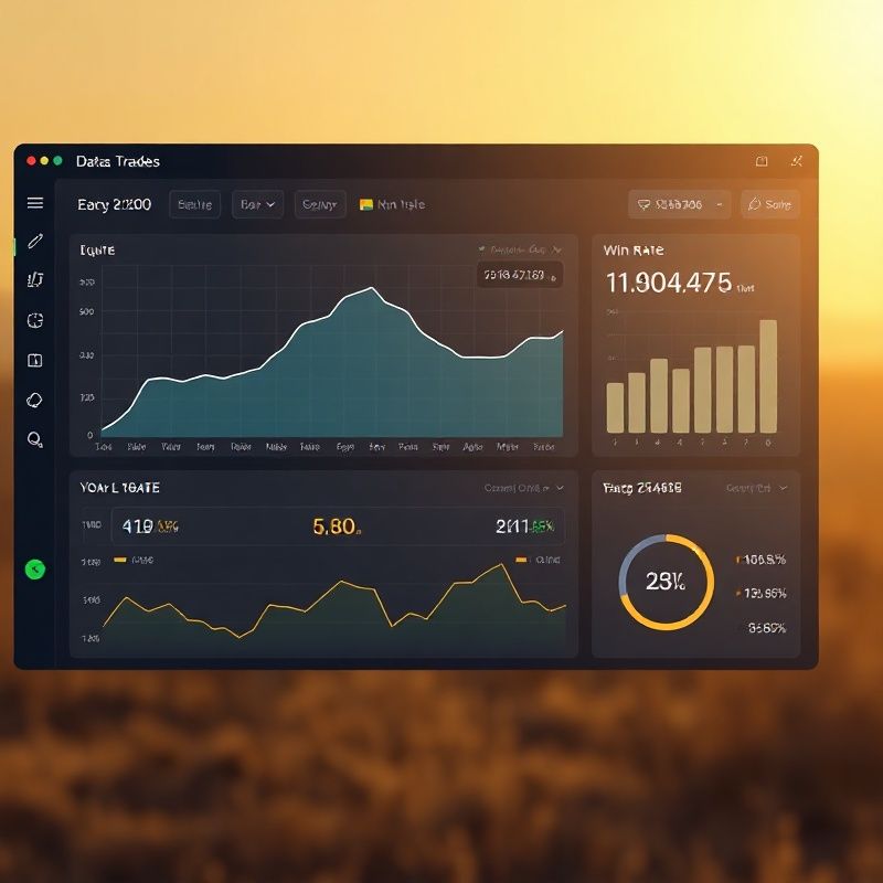 Data dashboard screenshot showing an equity curve, drawdown bars, and win-rate statistics in azure and white