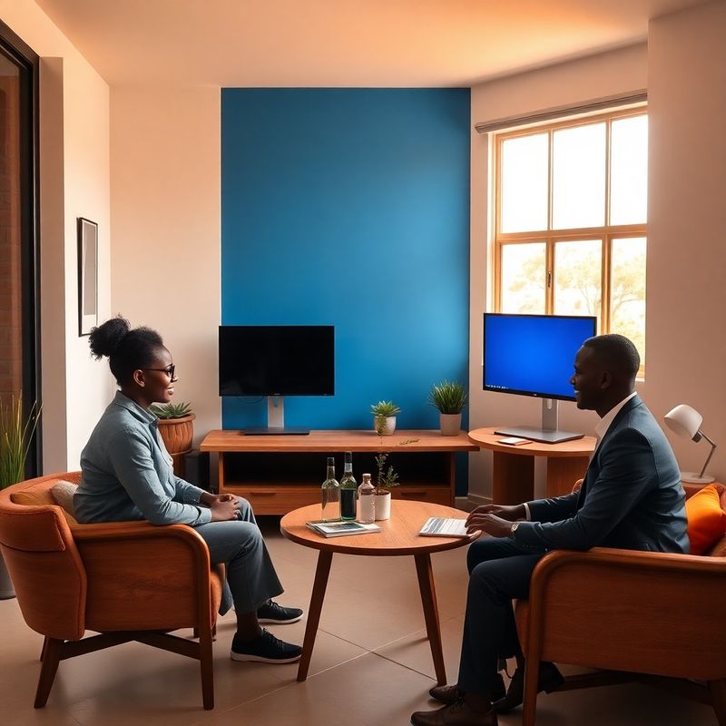 Small team of East African professionals collaborating in a clean modern Kakamega office with azure accent wall and warm ochre furnishings