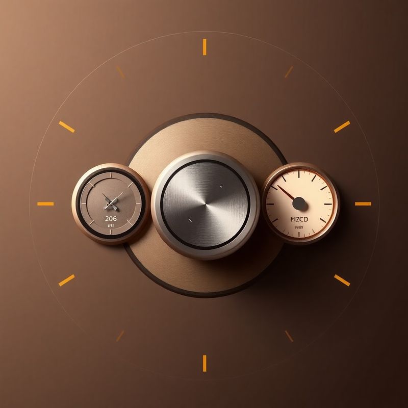 Abstract minimal-UI interface showing a circuit-breaker dial and exposure meters in azure and ochre tones